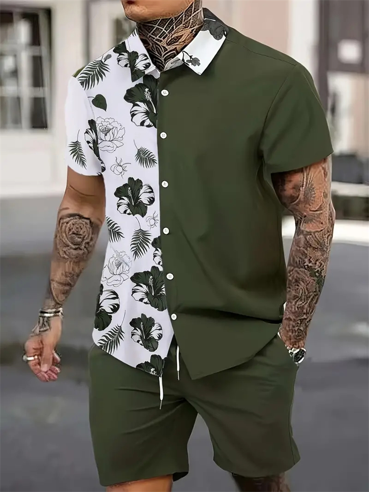 Men'S Spring Fashion - Herren-Modeanzug mit Kragen, 3D-Blumendruck-Hemd, Kurzarm, Lässige