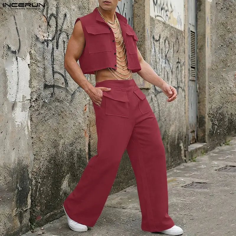 Men'S Spring Fashion - INCERUN Herren-Sets Einfarbiges Ärmelloses Crop-Top Hemd