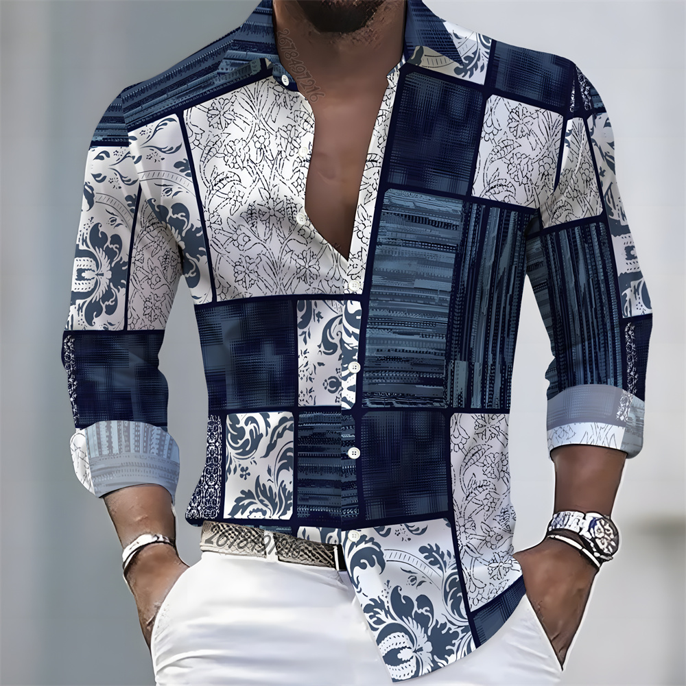 Men'S Tops Fashion - Herrenhemd im Luxus-Stil mit Farbblock-Print, Langarm,