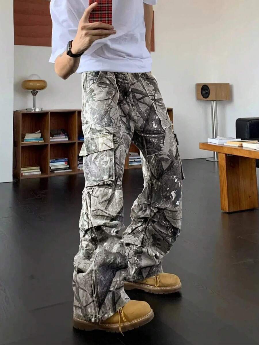 Men'S Fashion Trousers - Herren Mode Cargo-Hose mit Blattmuster, Locker