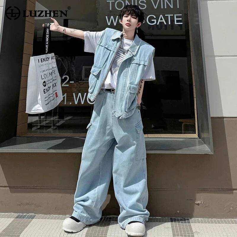 Men'S Fashion Vest With Jeans - LUZHEN 2026 Sommer Einfarbige Multi-Pocket Denim
